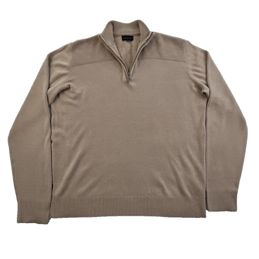 Geoffrey‎ Beene 1/4 Zip Knit Sweater Men's L Large Taupe Long Sleeve Acrylic EUC